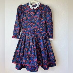 Anne Salou Girls Vintage Floral Corduroy Dress Puff Sleeve Lace Collar